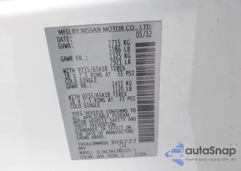 2013 Infiniti Jx35 from USA, damaged, VIN 5N1AL0MM8DC306727